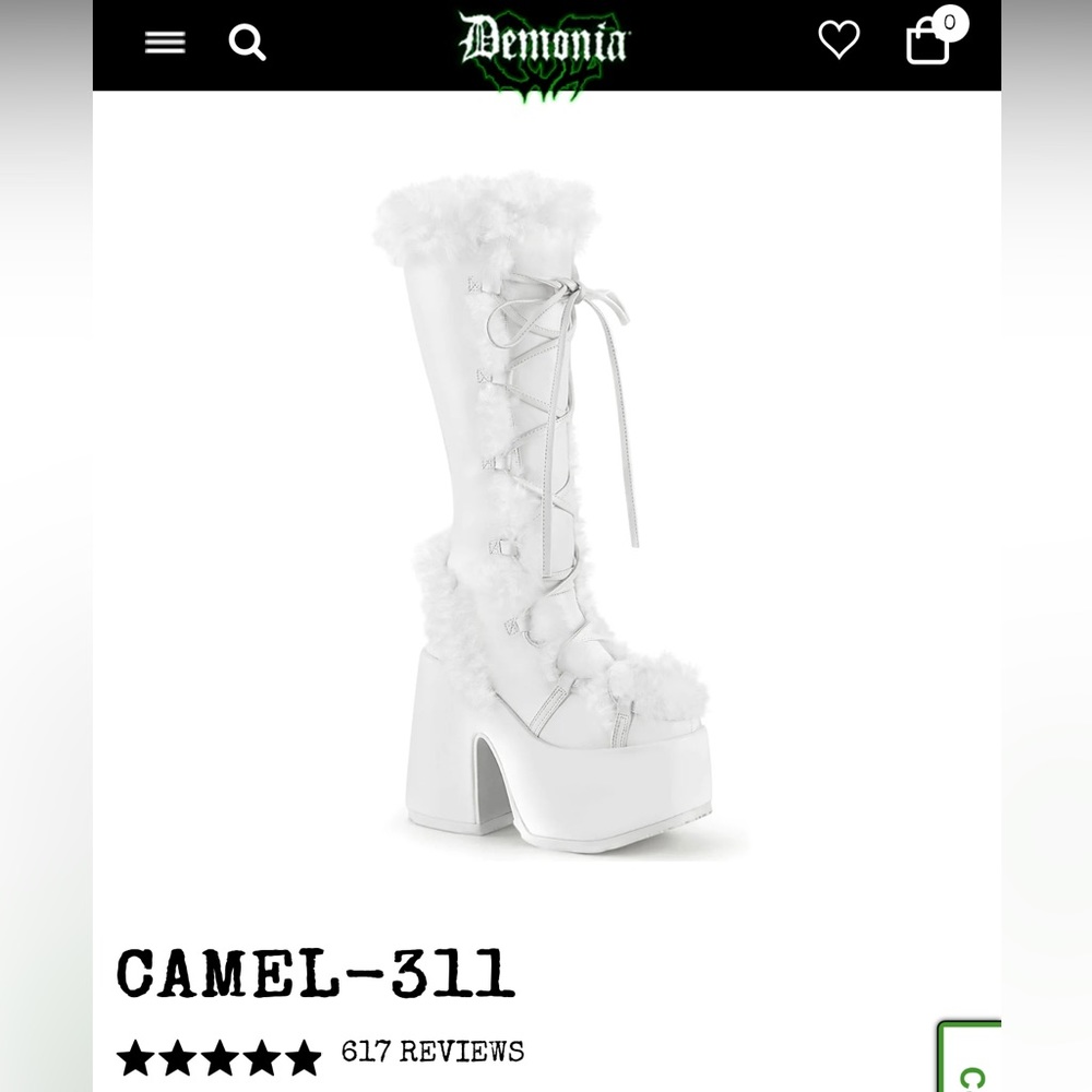 Women’s Demonia Boots, CAMEL-311, WHITE VEGAN LEATHER, SIze 10.